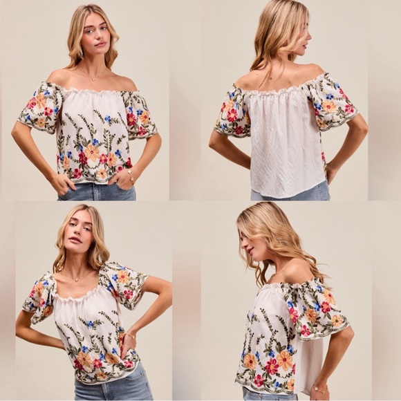 So Me Tops - Floral Embroidered Two Way Off The Shoulder Blouse, White & Colorful, Size Small